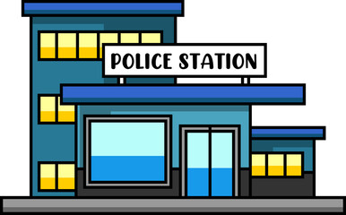 Cartoon Police Building. Hand Drawn Illustration Isolated On Transparent Background