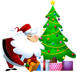 Santa Claus Cartoon Character Putting Gifts Under Christmas Tree. Hand Drawn Illustration Isolated On Transparent Background