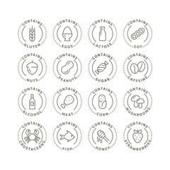 Food ingredients and allergen vector icon set. Contains gluten, lactose and alcohol badge label set.