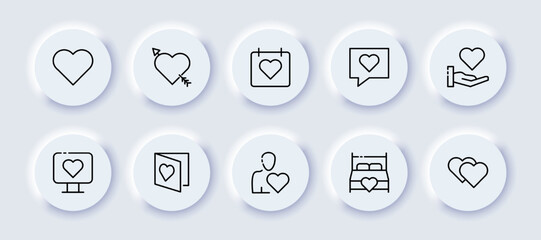 Hearts set icon. Cupids arrow, calendar, meet, love letter, message, hand, computer, postcard, couple, marital bed, wedding. Relationships concept. Neomorphism style. Vector line icon for Business