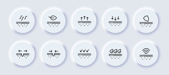Skin care set icon. Beauty, evaporation, dehydration, leaf, natural ingredients, eco friendly, impact, UV protection, smooth wrinkles, clean pores, moisturizing. Cosmetology concept. Neomorphism style