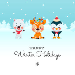 Happy Winter Holidays card template. Christmas illustration of a polar bear, a little deer and a penguin on a background of a winter landscape. Vector 10 EPS.