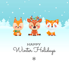 Happy Winter Holidays card template. Christmas illustration of a squirrel, a little deer and a fox on a background of a winter landscape. Vector 10 EPS.