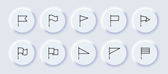 Flags set icon. Flag of the country, symbol, achievement, goal, business target, waving, top, victory, trophy, striped, destination, triangular, rectangular. Business concept. Neomorphism style