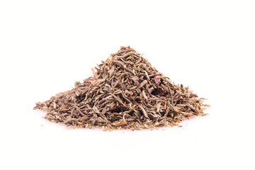 A close-up of a small pile of dried Thyme isolated on white
