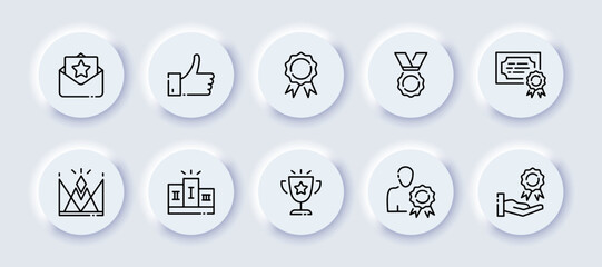 Personal achievement set icon. Letter of praise, encouragement, star, email, like rating, medal, award trophy, certificate, crown, top, first place, winner cup, employee. Business concept. Neomorphism