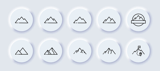 Mountains set icon. Nature, personal achievements, growth, top, career, first place, goal, range, peak, target, flag, strategy. Business concept. Neomorphism style. Vector line icon for Advertising