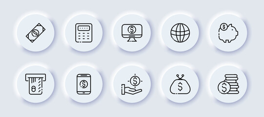 Financial management set icon. Dollar bills, calculator, computer, planet, piggy bank, savings, terminal, atm, banking application, hand, coin, cents, salary. Business concept. Neomorphism style