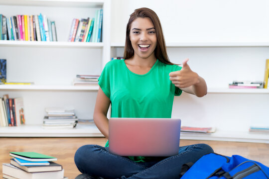 Successful hispanic young adult woman learning at computer
