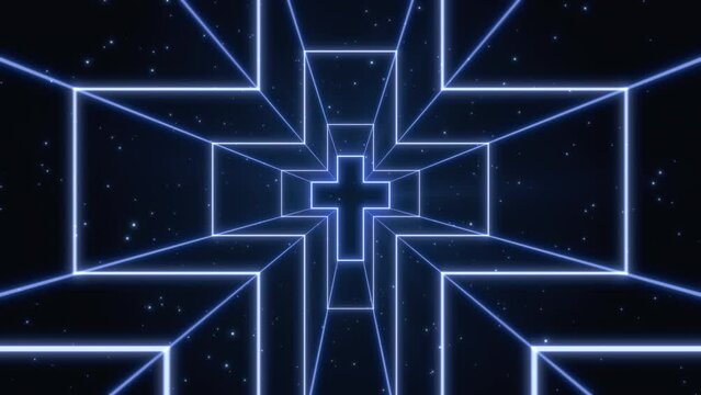 Looped motion of a tunnel in the form of a glowing cross against the background of flying stars. 3d render. 
