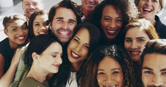 Team, face and portrait of group of business people for support, community and diversity in corporate office. Teamwork, startup and crowd of workers with success, collaboration and happy in workplace