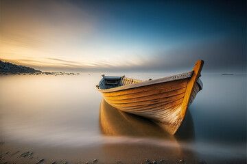 Serenity on shore: A solitary wooden boat basks in the tranquil glow of sunrise, embodying peaceful seclusion   generative ai  