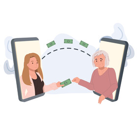 bank transfer,Online payment concept. Woman sending money on phone screen  to elderly mother. Flat vector cartoon Character illustration.
