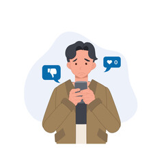 online social addict concept. man holding smartphone and getting sad due to no one give like to his picture. Flat vector  cartoon character illustration.