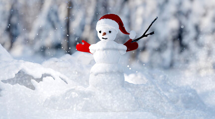 Snowman with Santa hat in the snow. 