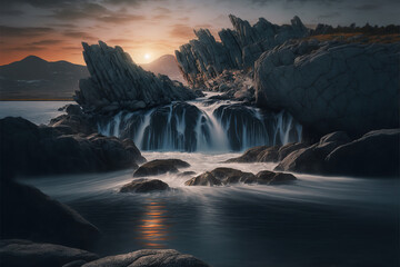 Majestic sunset over a serene waterfall with striking rock formations, capturing nature's tranquility and the beauty of a peaceful landscape.  
