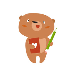 Сartoon bear writes with a pencil. Bear is learning. Cute bear. Bear with a notebook in his hands. Student, writer.