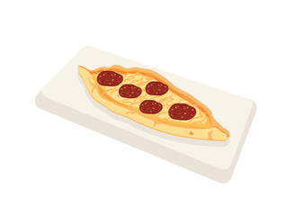 Turkish food, Turkish pide. Turkish pide with sausage and cheddar - Turkish pizza.