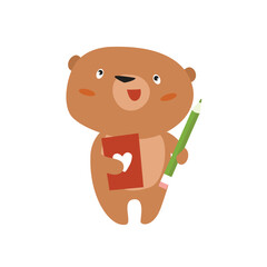 Vector cartoon bear writes with a pencil. Bear is learning. Cute bear. Bear with a notebook in his hands. Student, writer.