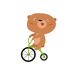 Cute bear on a bike. Forest animal. Sport competitions. Cartoon bear