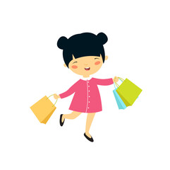 Shopping girl. Asian girl is shopping. Happy girl. Cartoon character. Japanese. Chinese