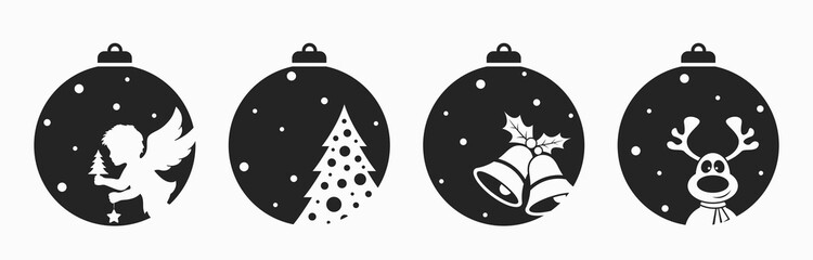 Christmas ball icon set. angel, cartoon deer, bells and fir tree. element for Christmas, New Year and winter design
