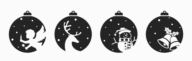 Christmas ball icon set. angel, deer, bells and snowman. element for Christmas, New Year and winter holiday design