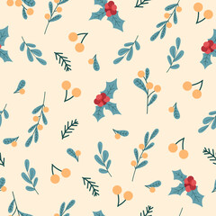 Winter seamless vector pattern with holly berries, winter leaves