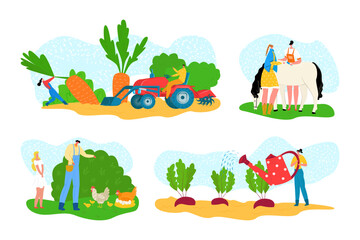 Farm set with animal, cartoon agriculture farming vector illustration. Cartoon farmer man woman people pick plant, make agricultural work.