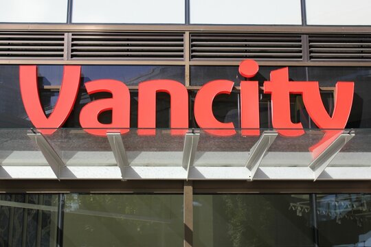 Red Vancity bank signage