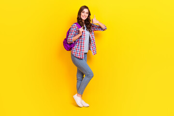 Full length photo of young woman stay okey showing like symbol hold backpack walk from university courses isolated on yellow color background