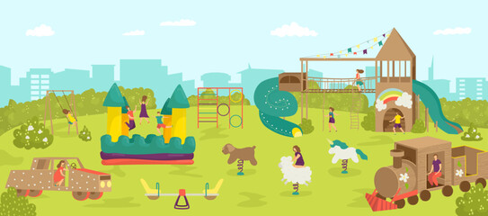 Obraz na płótnie Canvas Playground in park, happy childhood vector illustration. Cartoon boy girl character play at nature, summer outdoor background.