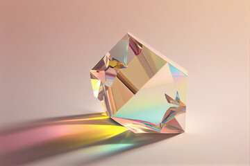 An irregularly shaped broken prism, crystal through which light passes and leaves iridescent traces on the surface. Minimalistic light beige background.	