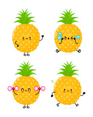 Funny cute happy pineapple characters bundle set. Vector hand drawn doodle style cartoon character illustration icon design. Isolated on white background Cute pineapple mascot character collection