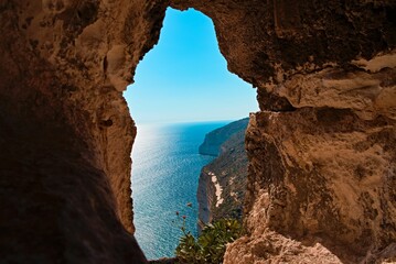 Beautiful seascape captured out of a cave on Dingli Cliffs in Malta