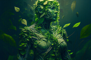 Fototapeta premium An illustration of a man formed from a plexus of various green plants. Green background.
