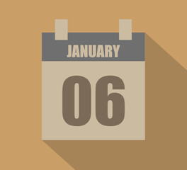 6 January vector calendar icon. Calendar page design on dark background for January days