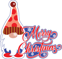 Fototapeta premium Christmas card with cute Scandinavian gnome. Flat cartoon style gnome character.