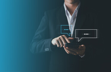 Chat and notification with businessman touch smartphone with social media icon. Social media and digital online concept