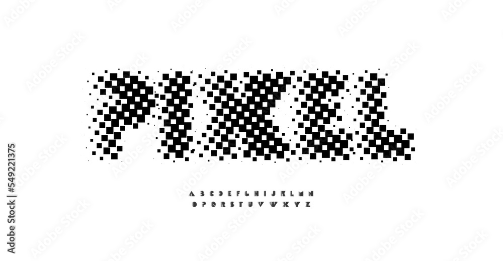 Poster pixel decorative font, halftone mosaic alphabet, lattice surface typeset. unusual abstract letters f