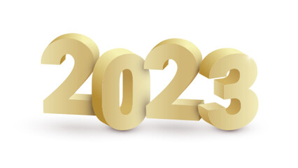 Realistic 3D gold numbers 2023 with shadows on white background. Vector golden design element for web, print, ad, greeting card
