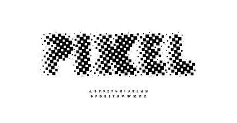 Pixel decorative font, halftone mosaic alphabet, lattice surface typeset. Unusual abstract letters for logo and headline. Vector typographic design