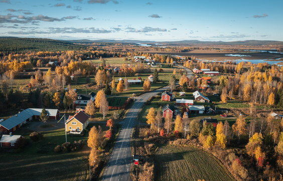 Aerial view of a village in sweden during the sutumn season