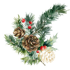 Watercolor Christmas bouquet of gold pine cone, red berries and branches. Hand painted holiday composition of plants isolated on white background. Illustration for design, print, background.