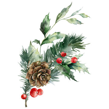 Watercolor Christmas bouquet of pine cone, red berries and branches with leaves. Hand painted holiday composition of plants isolated on white background. Illustration for design, print, background.