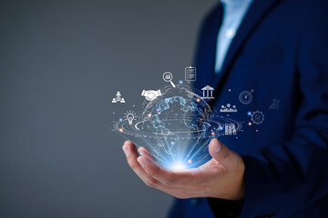 Digital business internet connection online network. Businessman access digital online global business, technology, long term investment plan, financial stability, global marketing analysis