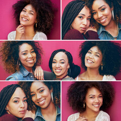 Collage, black women and friends on pink wall for beauty, happiness and afro, braids and natural...