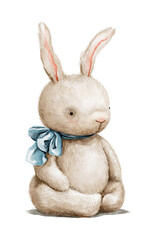 Watercolor vintage funny grey toy rabbit in blue bow sit and look isolated on white background. Hand drawn illustration sketch