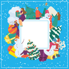 Winter sale banner vector illustration. Woman man character at christmas cartoon banner. Girl gyt people with flat holiday gift.