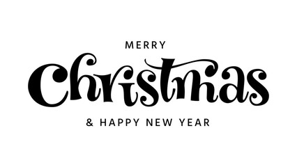 Merry Christmas brush lettering. New Year hand drawn ink pen calligraphy isolated on white. Typography template for winter holiday greeting card, print overlay banner poster flyer Xmas postcard